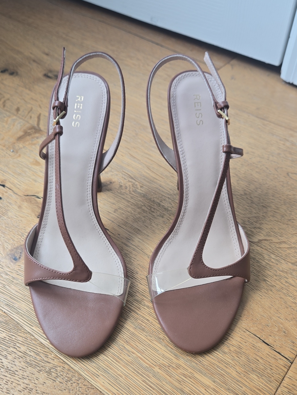Reiss Brown Leather Slingback Heeled Sandals with Clear Strap